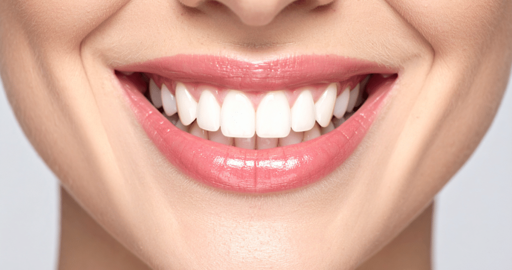 Healthy white teeth showing the results of a strong teeth and healthy gums diet
